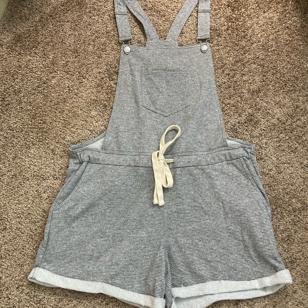 Gray and white Striped cloth overalls with Drawstring